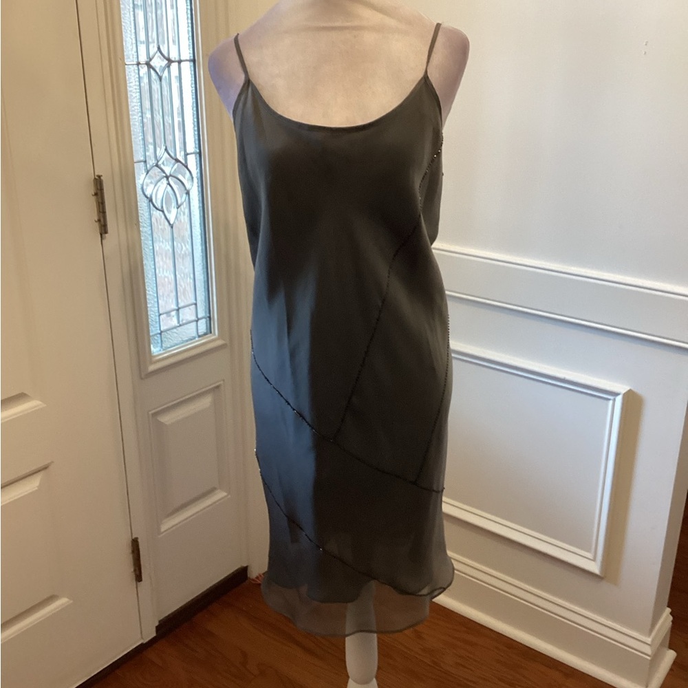 Sheer Slip Sequin Trim Dress in Charcoal Gray